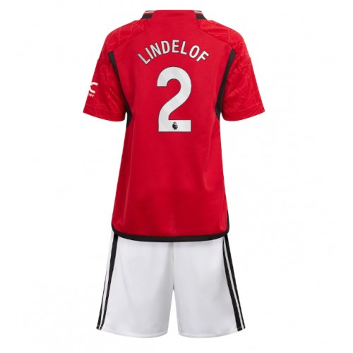 Otroški Nogometni dresi Manchester United Victor Lindelof #2 Domači 2023-24 Kratek Rokav (+ Kratke hlače)